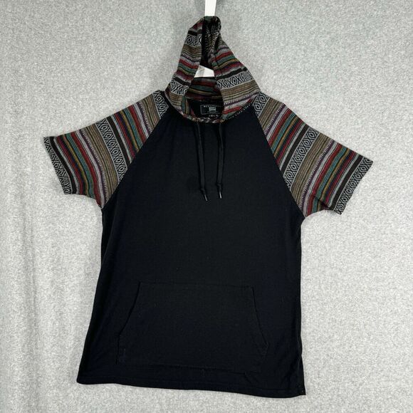 Beautiful Giant Hoodie Mens Medium Black Muti Pullover Aztec Print Short Sleeve - Picture 1 of 13